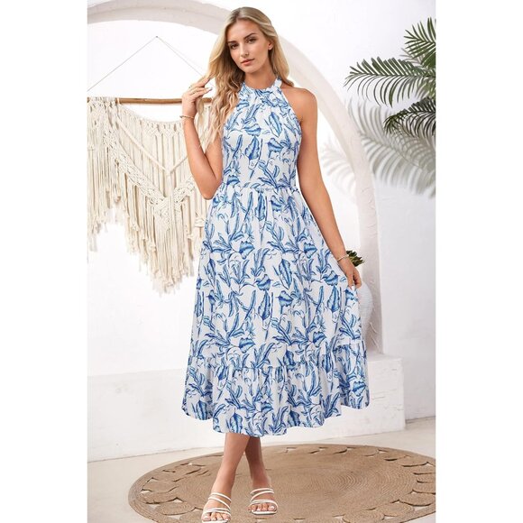 Women’s Flowy Summer Maxi Dress Floral Halter Pockets Casual Vacation - Picture 3 of 8